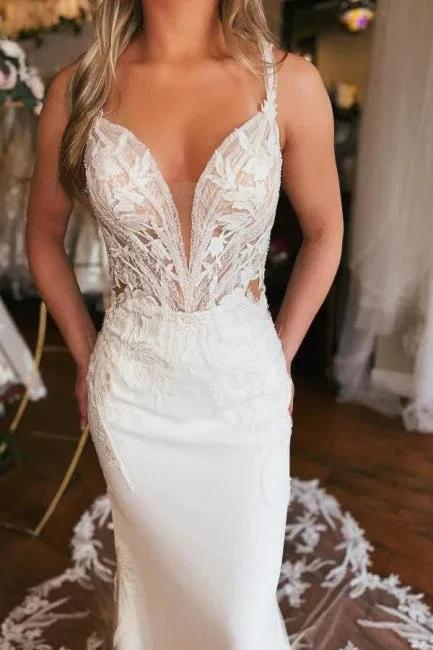Charming Long V-neck Mermaid Sleeveless Wedding Dress With Lace
