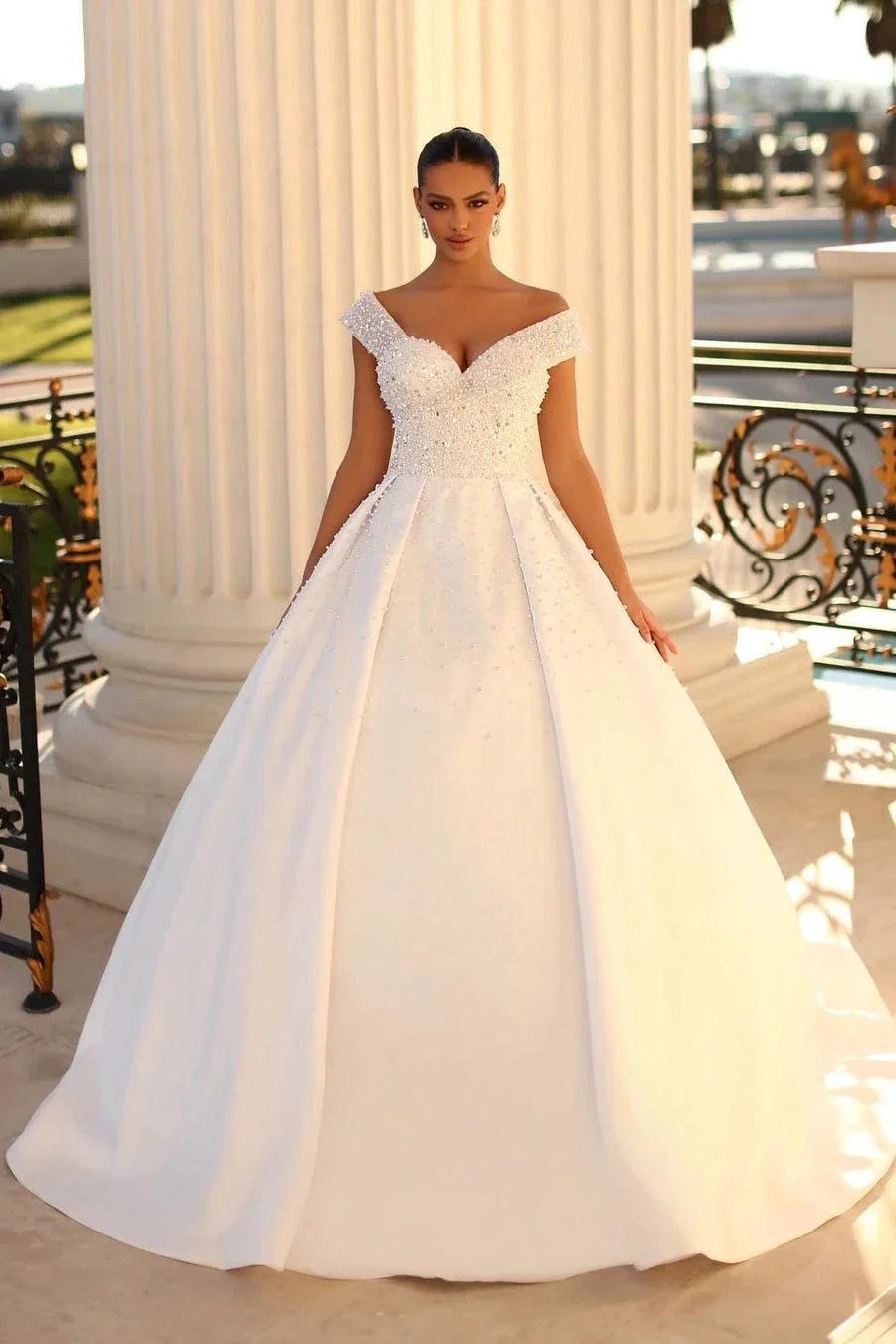 Charming Long White Off-the-shoulder A-line Sequined Wedding Dress With Pearls