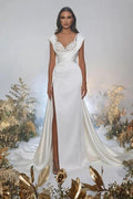 Long Mermaid Sweetheart Satin Lace Wedding Dresses with Slit