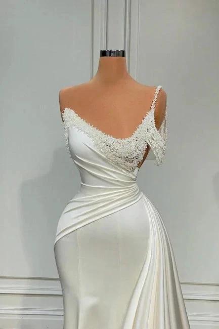 Chic Long Ivory Mermaid One Shoulder Sleeveless Wedding Dress with Pearls