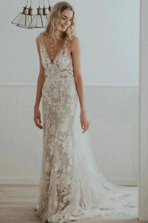 Chic Sheath Column V Neck Floral Lace Rustic Wedding Dress Bridal Gown WD658