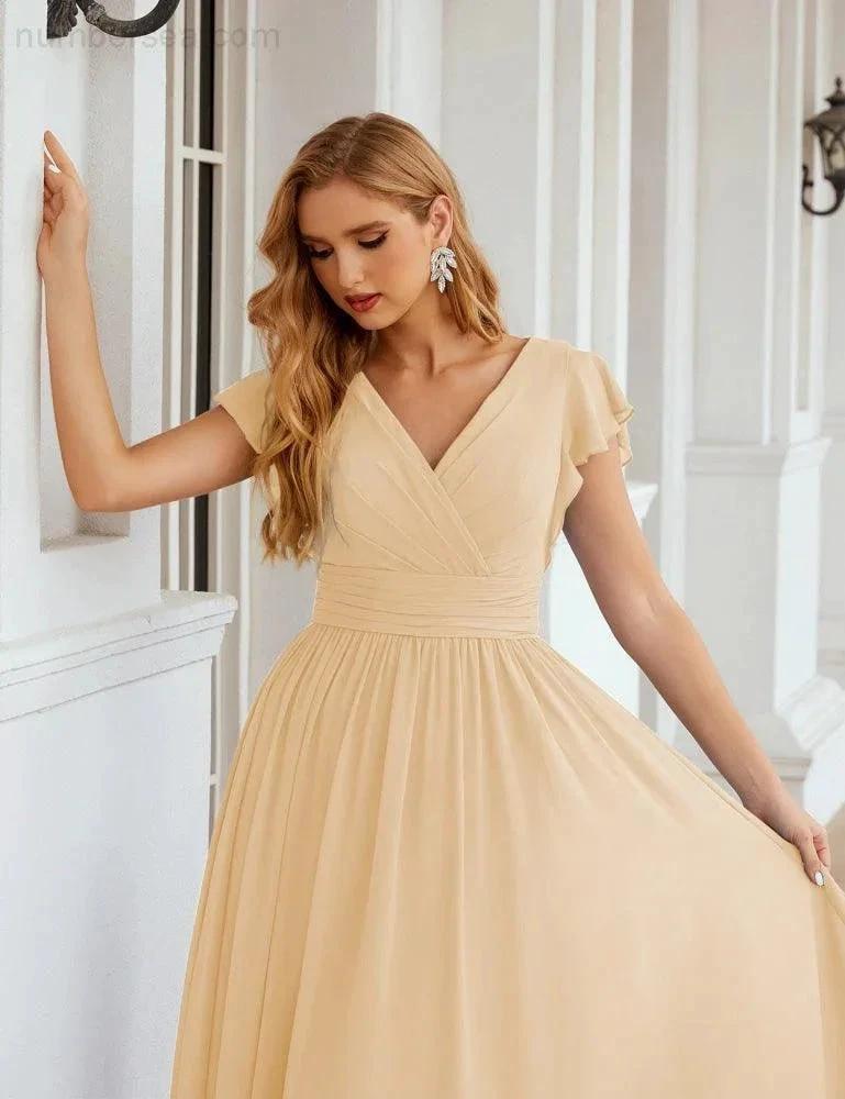 Numbersea V-Neck Bridesmaid Dress Floor Length Backless Formal Evening Dress 28024