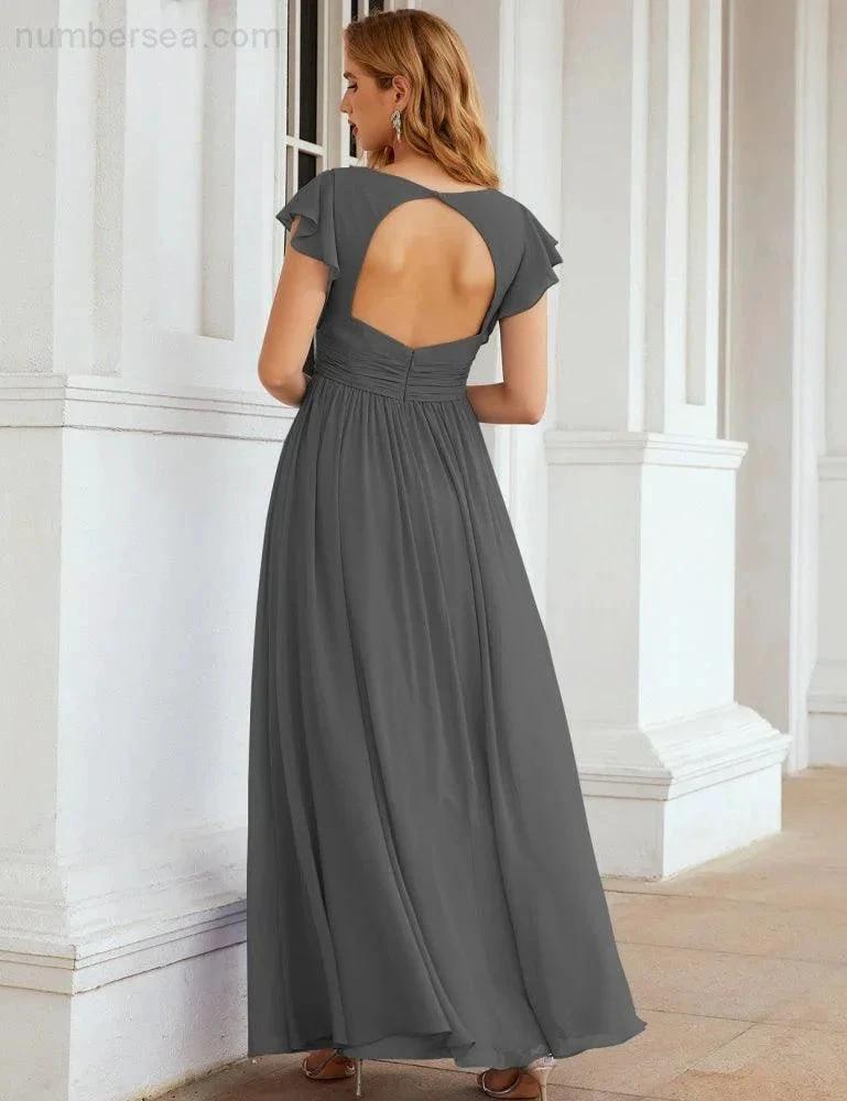 Numbersea V-Neck Bridesmaid Dress Floor Length Backless Formal Evening Dress 28024