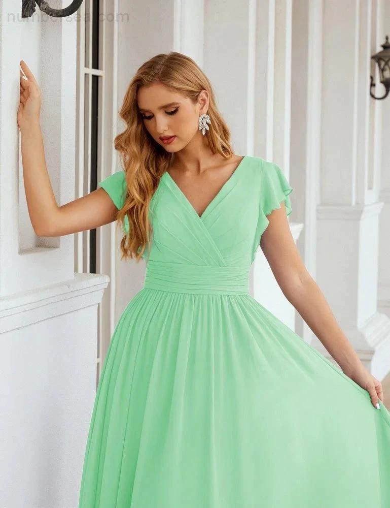 Numbersea V-Neck Bridesmaid Dress Floor Length Backless Formal Evening Dress 28024