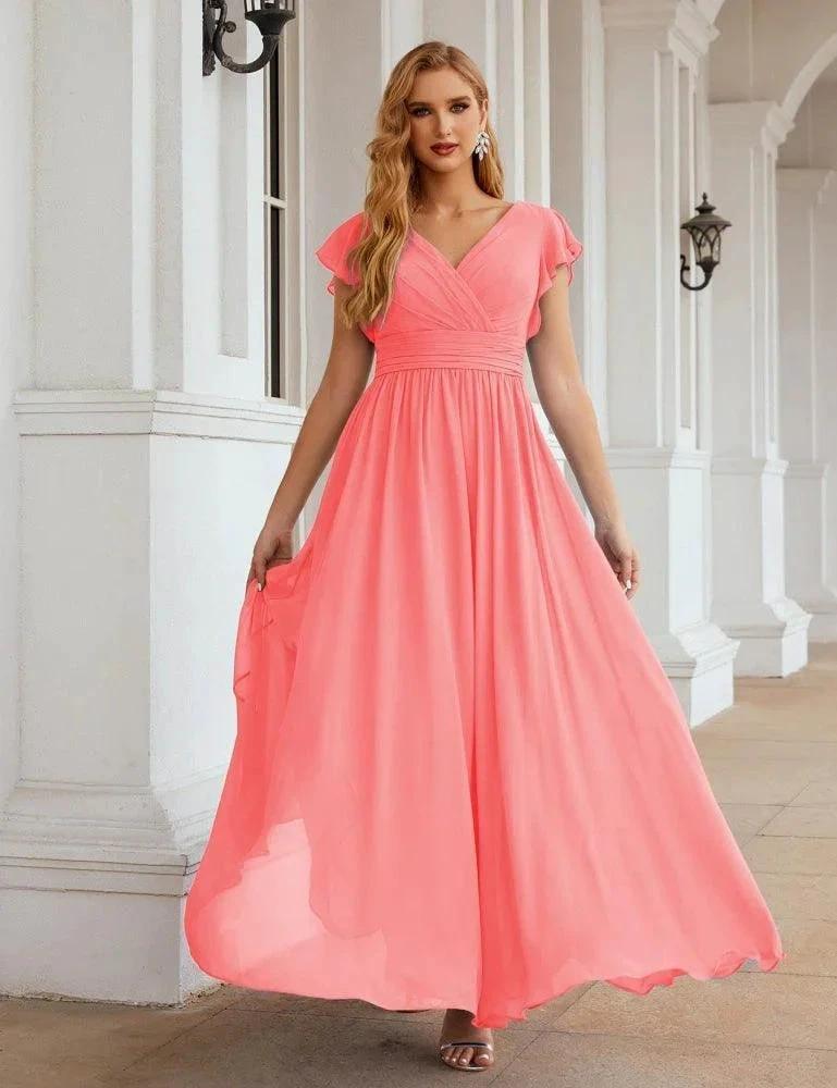 Numbersea V-Neck Bridesmaid Dress Floor Length Backless Formal Evening Dress 28024