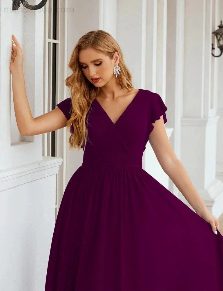 Numbersea V-Neck Bridesmaid Dress Floor Length Backless Formal Evening Dress 28024