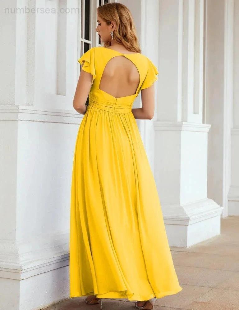 Numbersea V-Neck Bridesmaid Dress Floor Length Backless Formal Evening Dress 28024