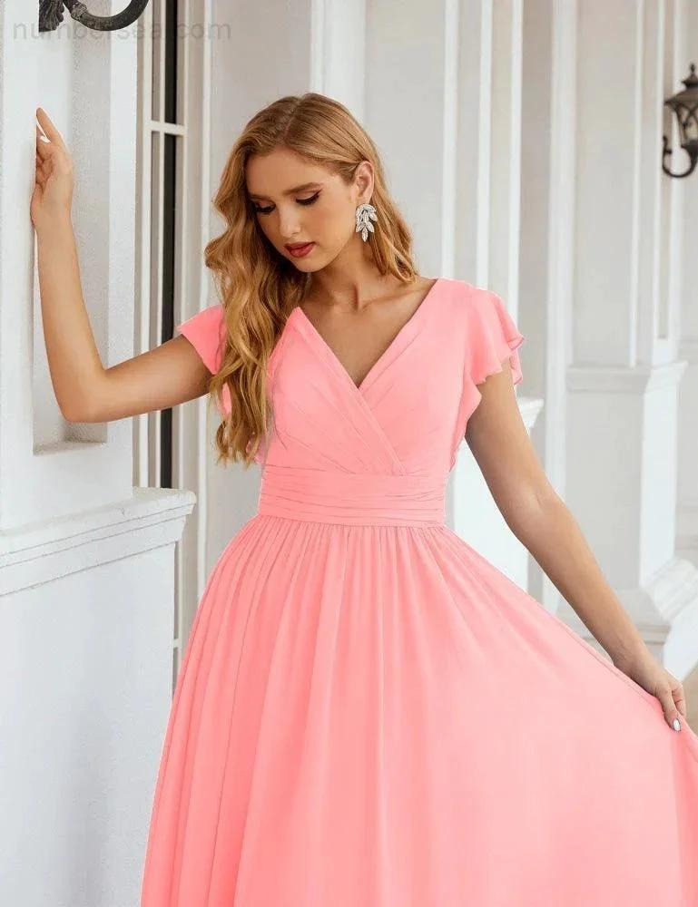 Numbersea V-Neck Bridesmaid Dress Floor Length Backless Formal Evening Dress 28024
