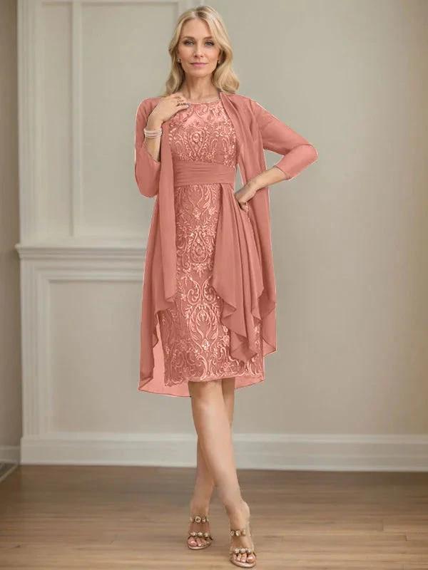 Sheath/Column Scoop Illusion Knee-Length Lace Chiffon Mother of the Bride Dress With Cascading Ruffles Sequins