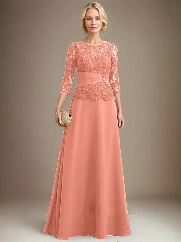 A-line Scoop Illusion Floor-Length Chiffon Lace Mother of the Bride Dress With Pleated Sequins Beading