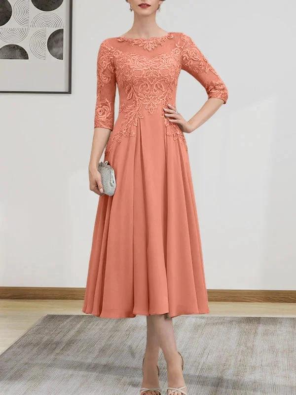A-line Scoop Illusion Tea-Length Chiffon Lace Mother of the Bride Dress With Beading Sequins