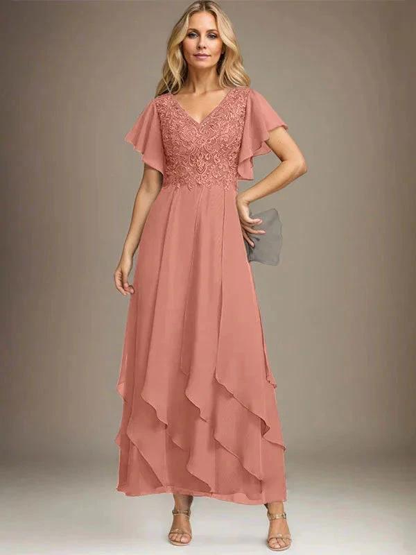 A-line V-Neck Ankle-Length Lace Chiffon Mother of the Bride Dress With Cascading Ruffles