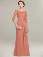 A-line Scoop Illusion Floor-Length Lace Chiffon Mother of the Bride Dress With Cascading Ruffles