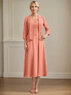 A-line Scoop Tea-Length Lace Chiffon Mother of the Bride Dress