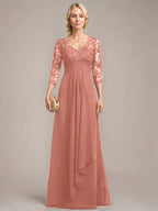 A-line V-Neck Floor-Length Lace Chiffon Mother of the Bride Dress With Cascading Ruffles Sequins