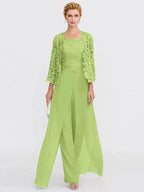 3 Piece Chiffon Square Neck Mother of the Bride Pantsuits with Jacket