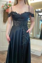Cold-Shoulder Beaded A-Line Split Prom Dress With Pockets PSK555