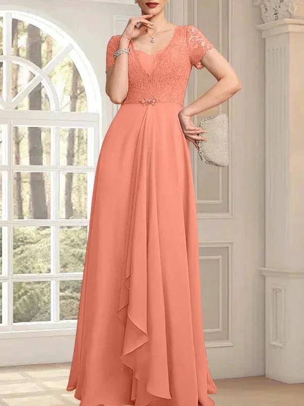 A-line Sweetheart Floor-Length Chiffon Lace Mother of the Bride Dress With Beading Cascading Ruffles