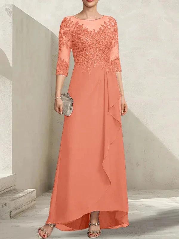 A-line Scoop Illusion Asymmetrical Lace Chiffon Mother of the Bride Dress With Sequins Cascading Ruffles