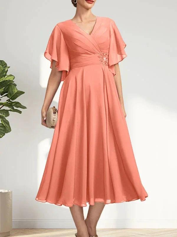 A-line V-Neck Tea-Length Chiffon Mother of the Bride Dress With Pleated Beading