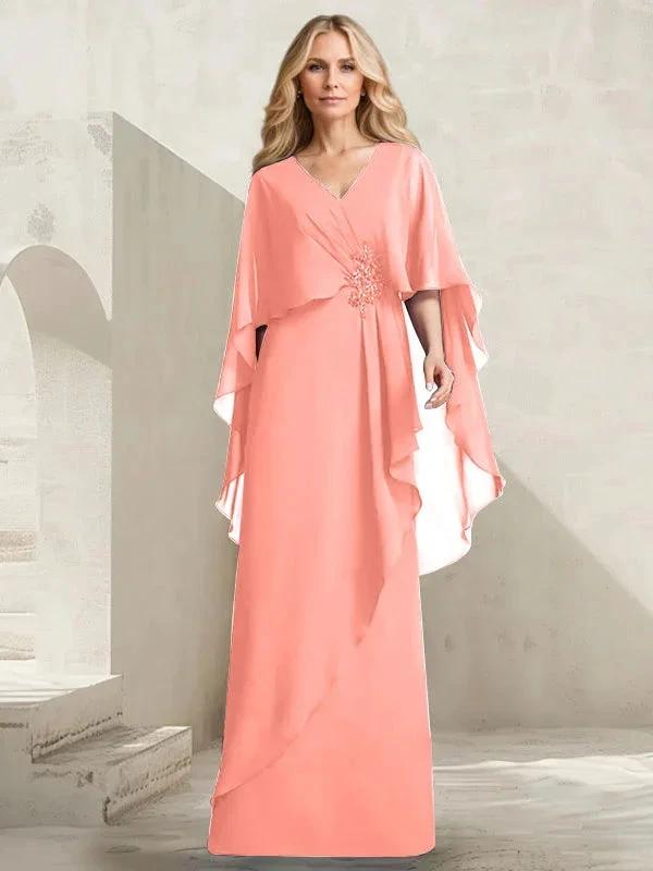 A-line V-Neck Floor-Length Chiffon Mother of the Bride Dress With Cascading Ruffles Beading