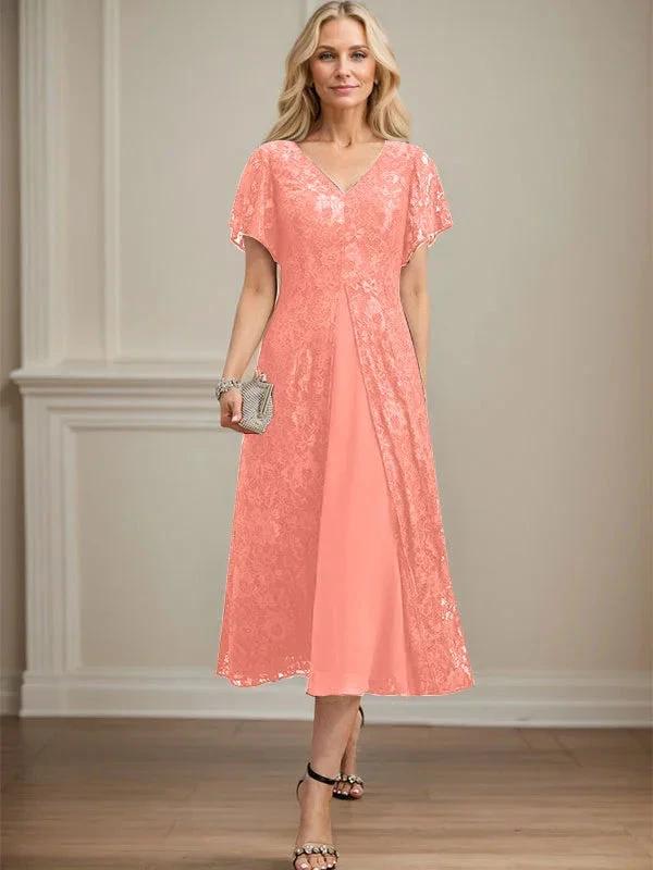 A-line V-Neck Tea-Length Lace Chiffon Mother of the Bride Dress