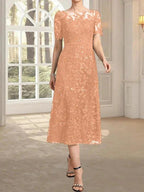 A-line Scoop Illusion Tea-Length Lace Mother of the Bride Dress With Sequins