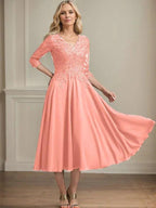 A-line V-Neck Tea-Length Chiffon Lace Mother of the Bride Dress With Beading Sequins