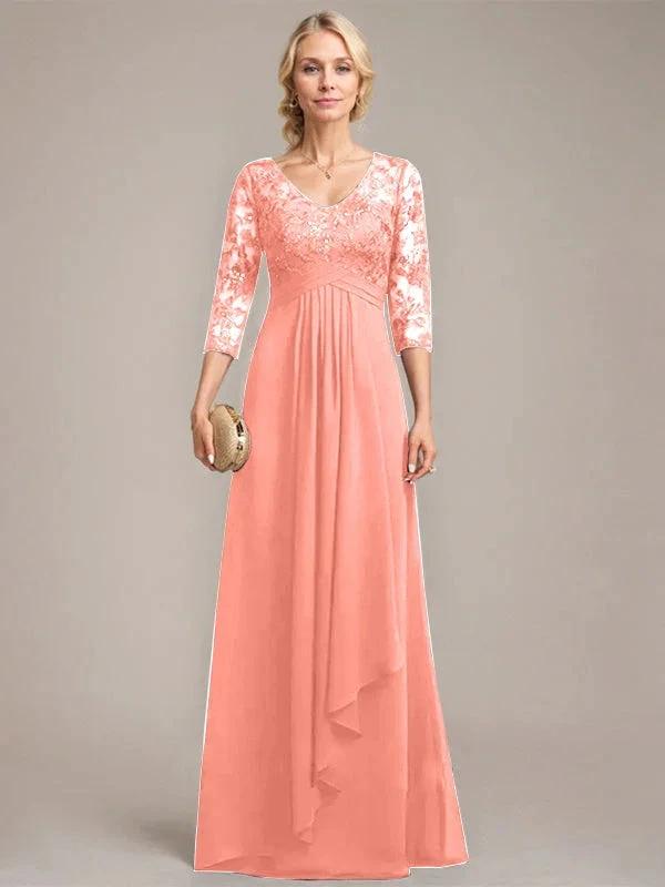 A-line V-Neck Floor-Length Lace Chiffon Mother of the Bride Dress With Cascading Ruffles Sequins