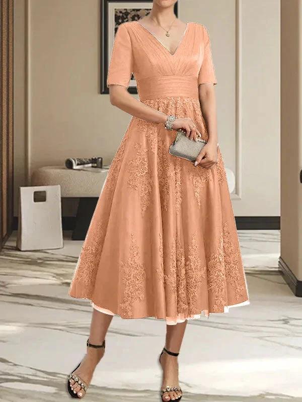 A-line V-Neck Tea-Length Tulle Lace Mother of the Bride Dress With Pleated