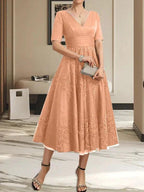 A-line V-Neck Tea-Length Tulle Lace Mother of the Bride Dress With Pleated