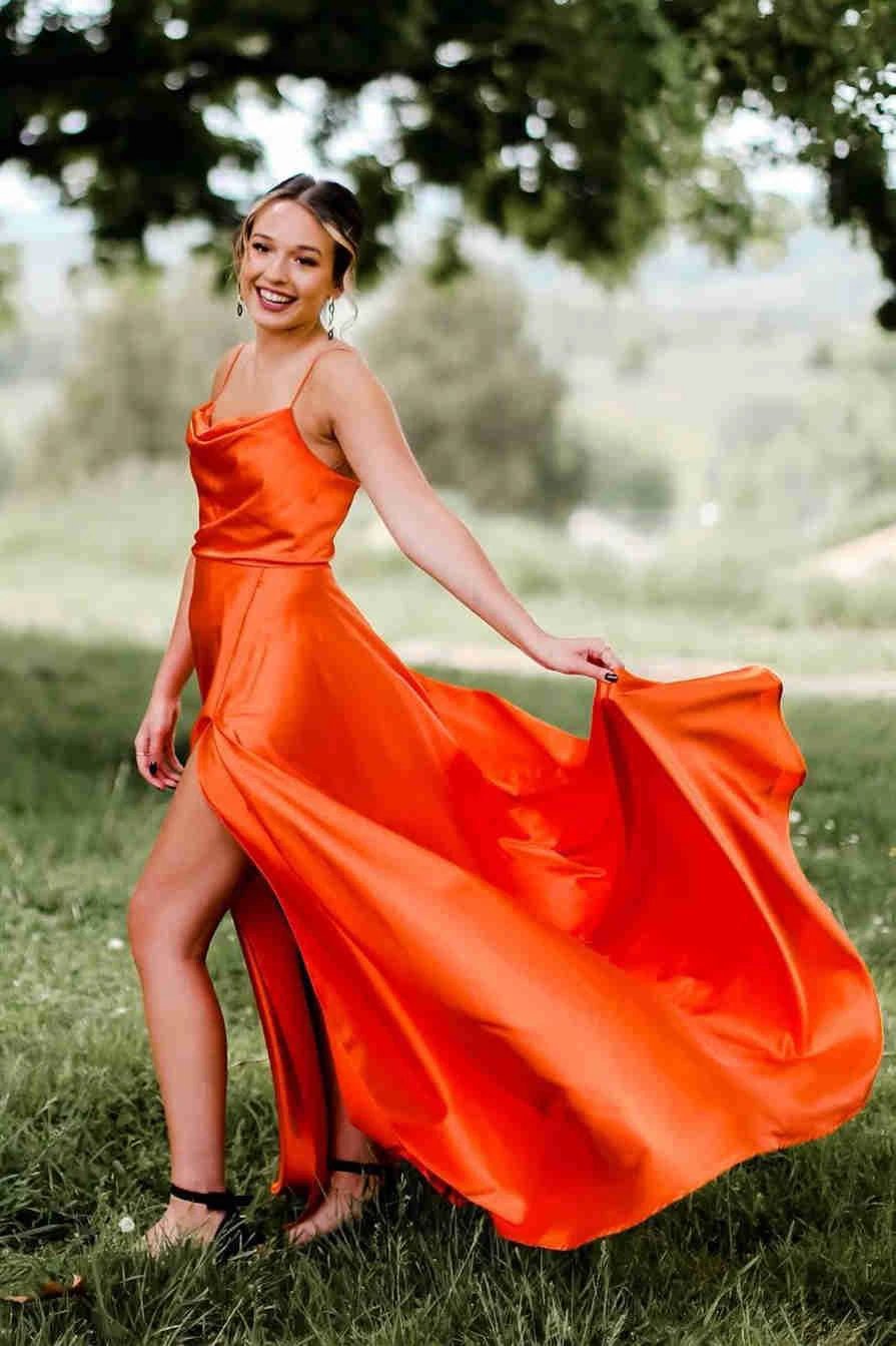 Cowl Neck Satin Formal Dress With Slit SYP122
