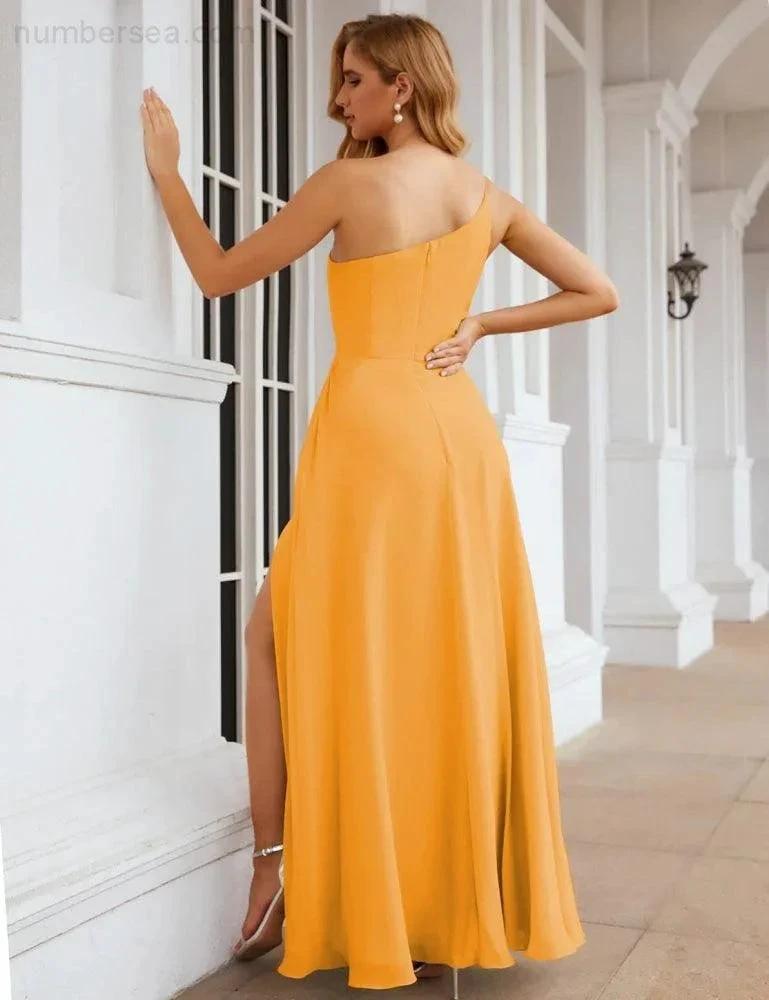 Numbersea One Shoulder Chiffon Bridesmaid Dresses Long Formal Homecoming Prom Gowns for Women Party Wedding Evening SEA28052