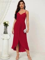 Numbersea Spaghetti Chiffon V Neck Bridesmaid Dress Mid-Length Slit Formal Prom Dress Homecoming Dress 2803
