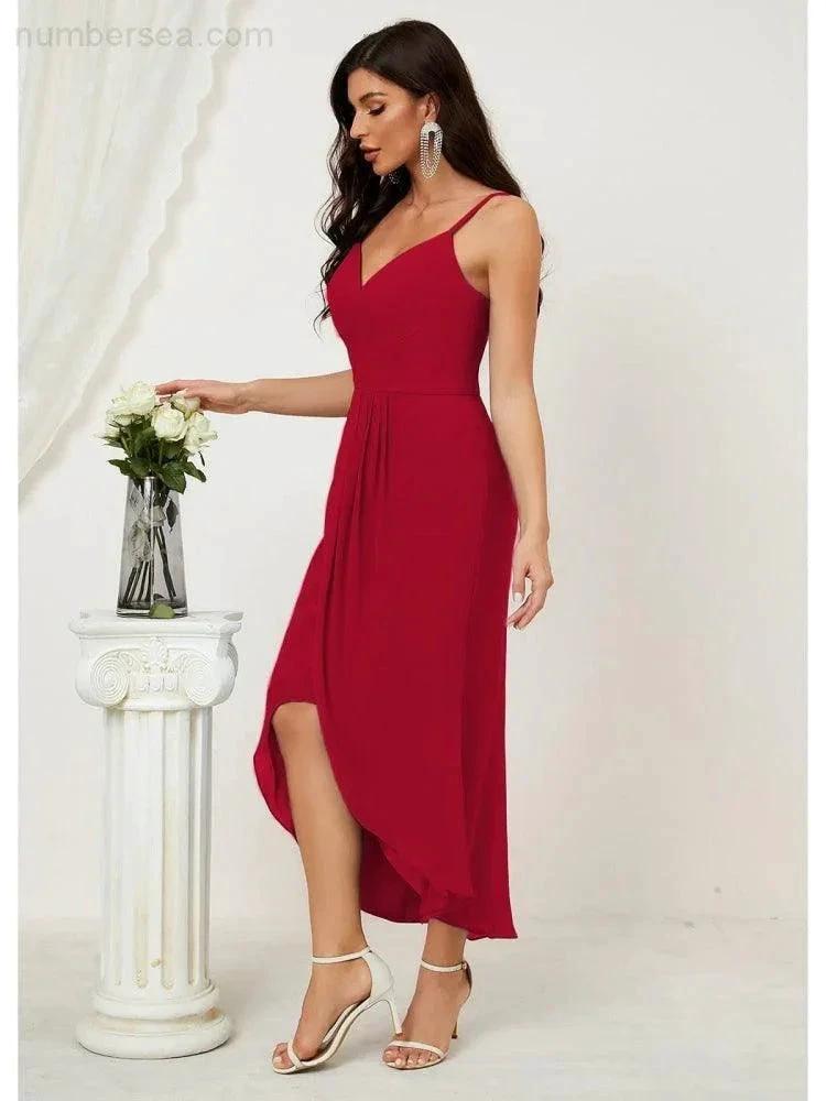 Numbersea Spaghetti Chiffon V Neck Bridesmaid Dress Mid-Length Slit Formal Prom Dress Homecoming Dress 2803