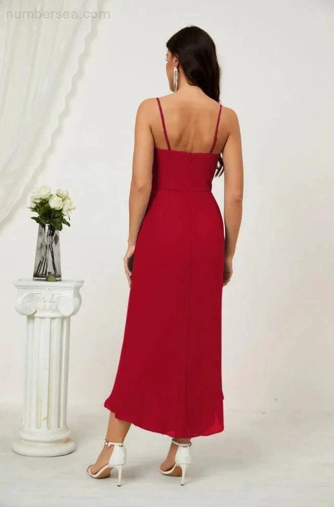 Numbersea Spaghetti Chiffon V Neck Bridesmaid Dress Mid-Length Slit Formal Prom Dress Homecoming Dress 2803