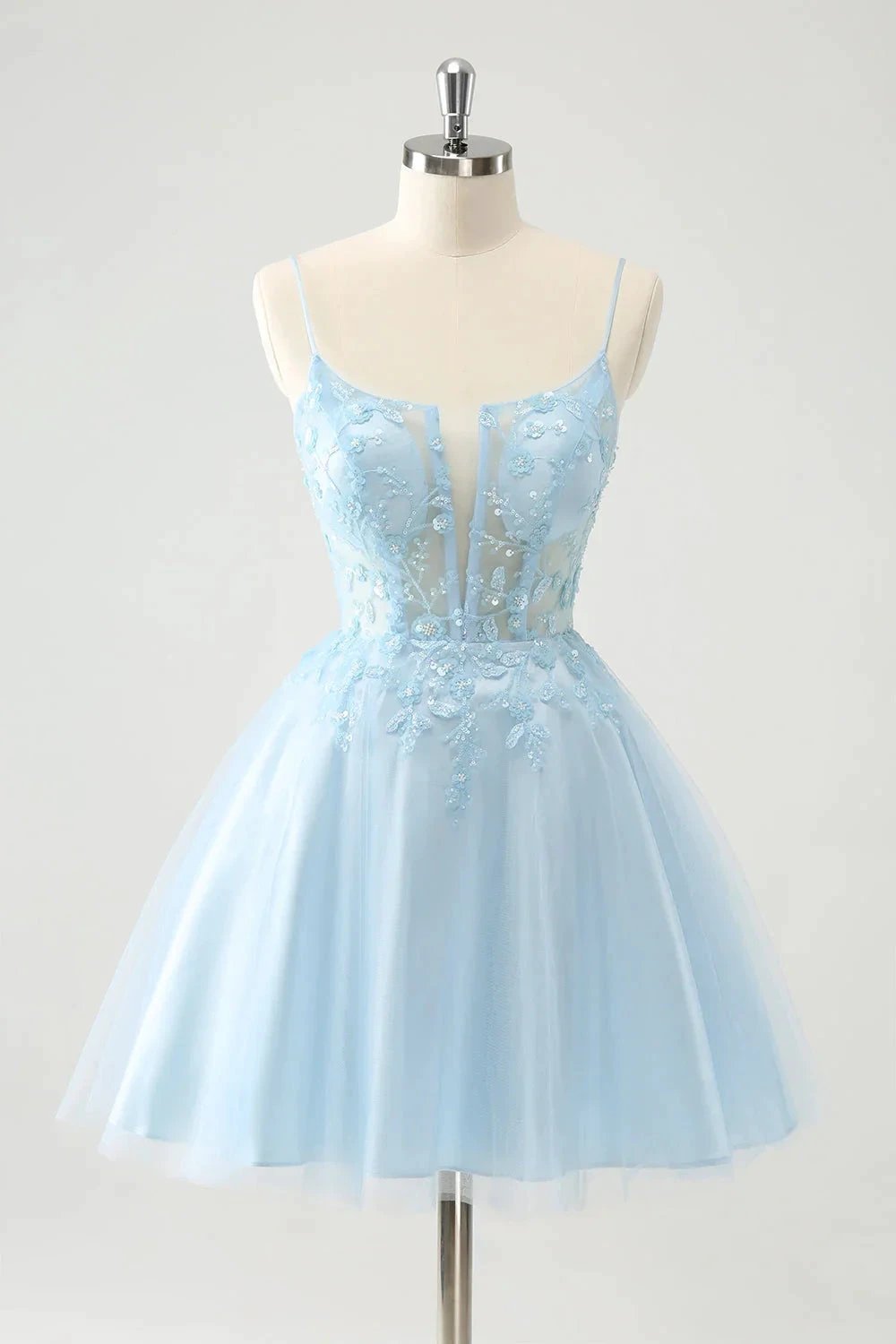 Cute A Line Spaghetti Straps Corset Short Blush Homecoming Dress with Appliques