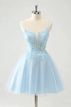 Cute A Line Spaghetti Straps Corset Short Blush Homecoming Dress with Appliques