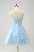 Cute Blush A Line Spaghetti Straps Corset Short Homecoming Dress with Appliques
