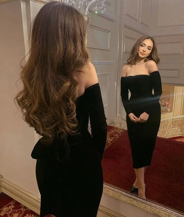 Sexy Black Midi-length Evening Dress Black Party Dress Y5608
