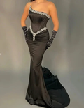 Classy Black Strapless Mermaid Evening Dress Satin Beaded Prom Dress With Gloves Y8530