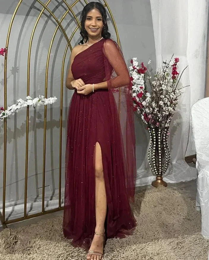 Pretty Burgundy One Shoulder Tulle Sequins Evening Gown Slit Prom Dress Y7826
