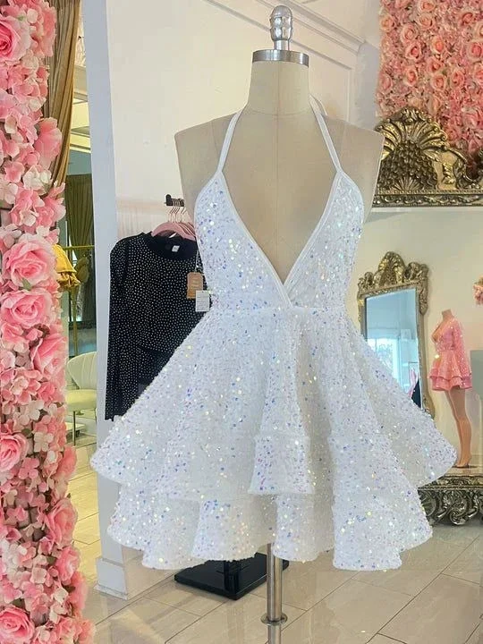 Cute A-line White Sequins Homecoming Dress White Party Dress Y2154