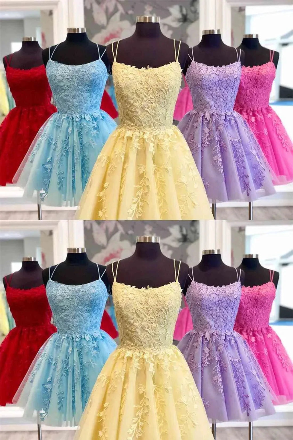 Blue A-line Spaghetti Straps Lace Short Prom Dresses Homecoming Dresses