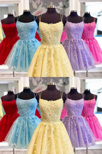Blue A-line Spaghetti Straps Lace Short Prom Dresses Homecoming Dresses