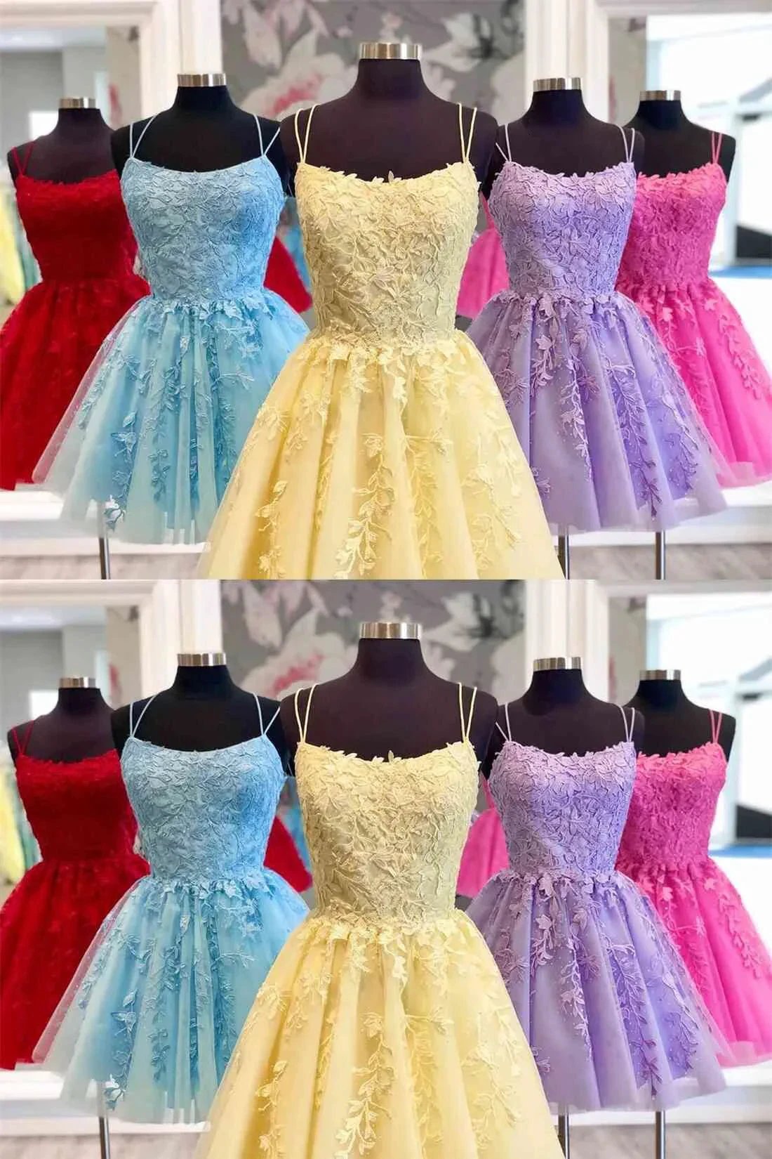Blue A-line Spaghetti Straps Lace Short Prom Dresses Homecoming Dresses
