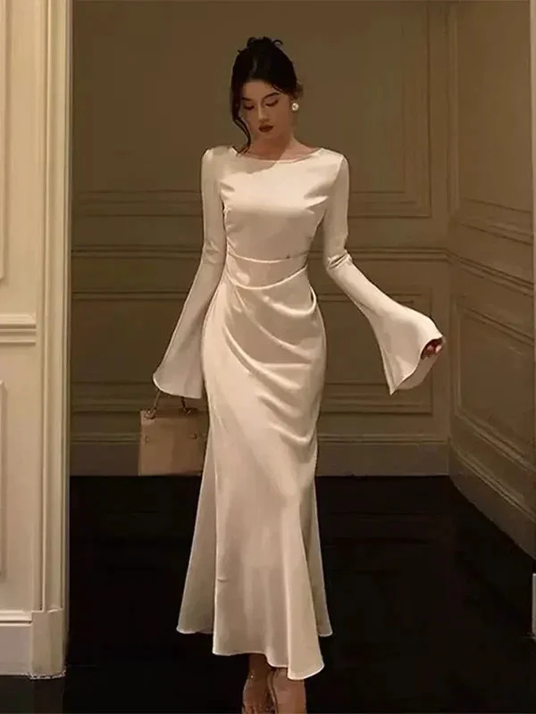 Women's O-Neck Satin Evening Dress Simple White Cocktail Dress Y6894