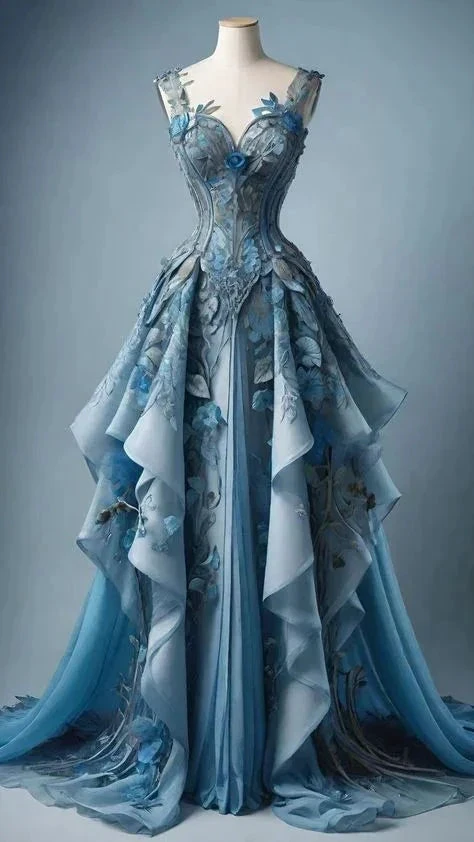 Classy Blue Chiffon Appliques Ruffles Long Prom Dress Evening Dress Y8385