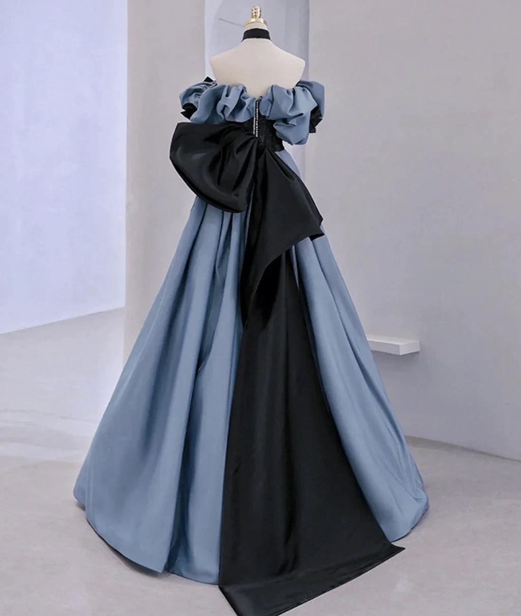 Off Shoulder Satin Lace Long Prom Dress, Blue Evening Dress Y2619