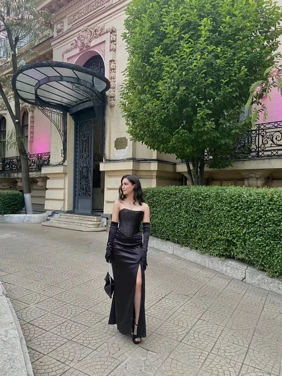 Charming Black Strapless Sheath Prom Dress With Split Black Evening Dress Y6385